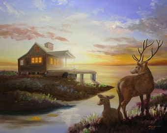 DEER, wildlife animal, oils on 28x36 canvas painted by artist, RUSTY RUST / D-219-