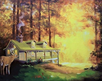 CABIN, DEER.  Oils on 24" x 36" (61 x 91 cm) canvas painted by artist, Rusty Rust / N-14