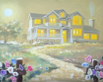 SERENITY HOUSE, flowers.  Oils on 24" x 36" (61 x 91 cm) canvas painted by artist, Rusty Rust / M-342