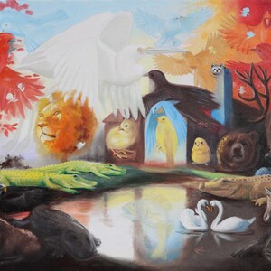 Op de afbeelding: Een kleurrijk schilderij met een verscheidenheid aan dieren en vogels. Het kunstwerk toont een leeuw, beren, alligators, zwanen en diverse vogels in vlucht. Het kleurenpalet is levendig, met rood, geel en blauw dat de scène domineert.