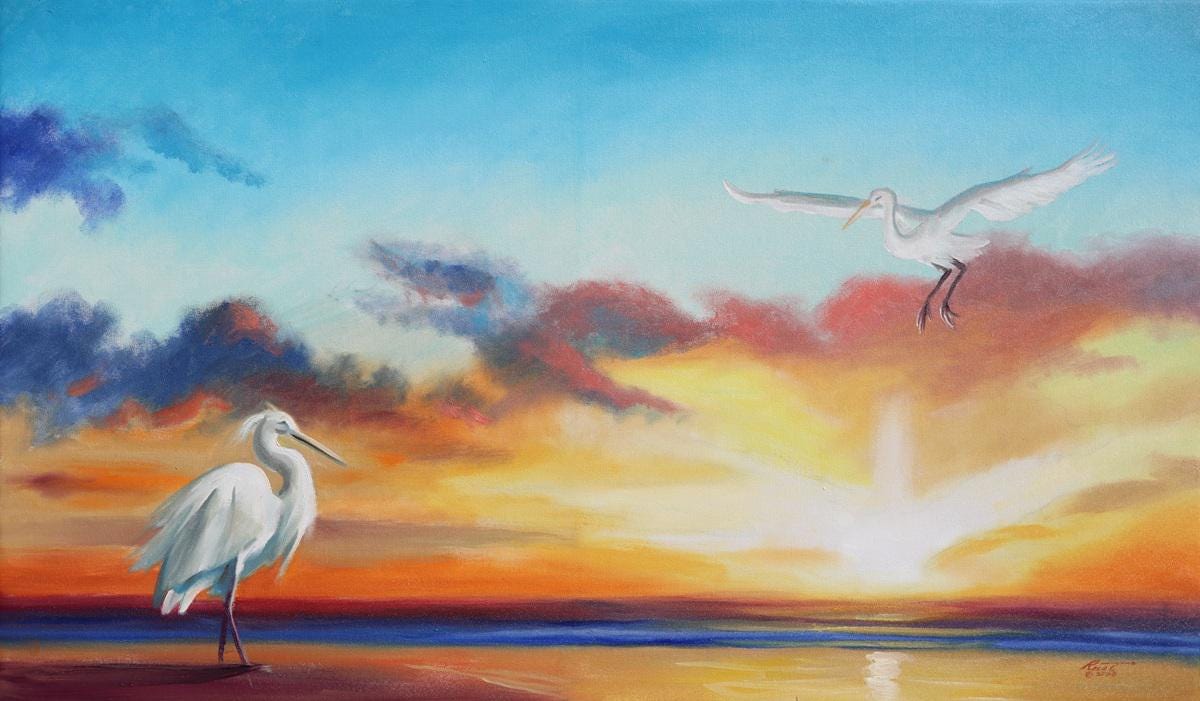 白鷺（E-253）」、28インチ×48インチのキャンバスに描かれた油彩画