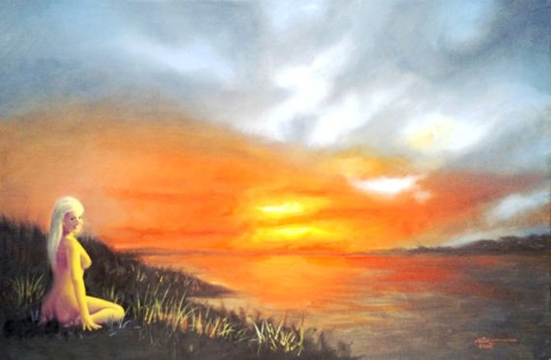 Zelda nue coucher de soleil de plage 24x36 huiles