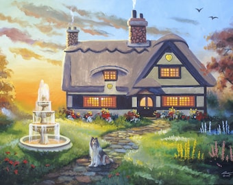 ENGLISH COTTAGE, fountain.  Oils on 24" x 36" (61 x 91 cm) canvas painted by artist, Rusty Rust / D-169