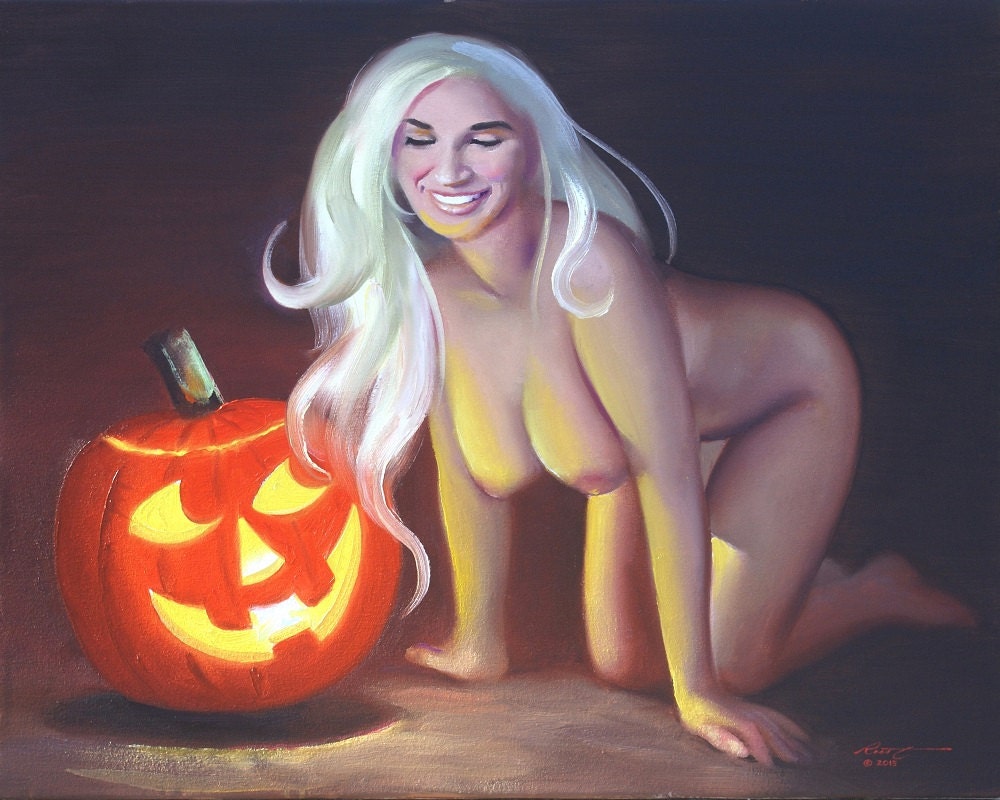 Nude Halloween Pinup Girl painting by RUSTY RUST 24x30 oils 