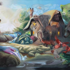 Op de afbeelding: Een olieverfschilderij dat een verzameling van verschillende dieren toont, waaronder leeuwen, beren, een giraffe en een krokodil. Het kunstwerk heeft een dromerige kwaliteit met zachte kleuren en een gevoel van eenheid onder de diverse wezens.