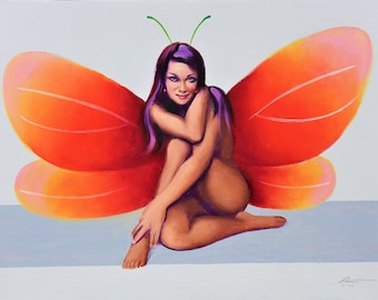 ユニス、ピンナップガール、蝶の羽。20インチ×28インチのキャンバスに描かれた油彩画（画家：ラスティ・ラスト、1639年）