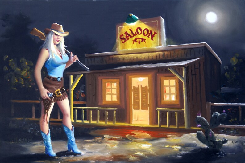 saloon I Knot He/'s In There cowgirl 24x36 oils on canvas painted by artist RUSTY RUST M-303