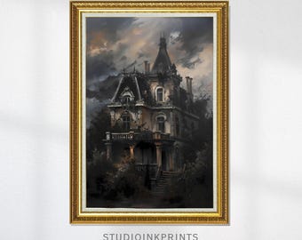 Haunted Victorian Mansion Printable Wall Art Gothic Dark Academia Manor House Print Spooky Vintage Architecture Painting Halloween Décor