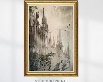 Gothic Cathedral Watercolor Painting Wall Art Printable Dark Academia Haunted Church Home Decor Spooky Halloween Forest Digital Download