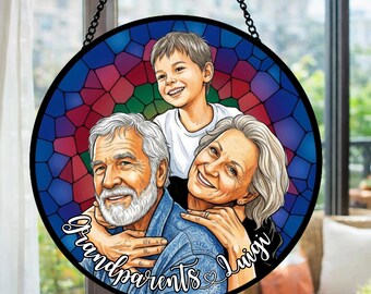 Custom Photo Portrait Stained Glass Suncatcher Gift for Grandparents, Grandkids Portrait Stained Glass Suncatcher