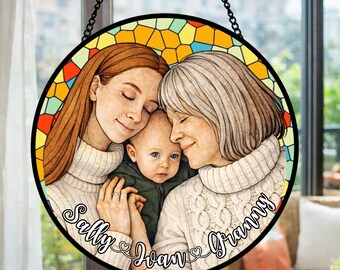 Custom Photo Portrait Stained Glass Suncatcher Gift for Mom,Mum Gift From Kids,Mom Birthday,Gift For Grandma,Photo Glass Art,Window Hanging