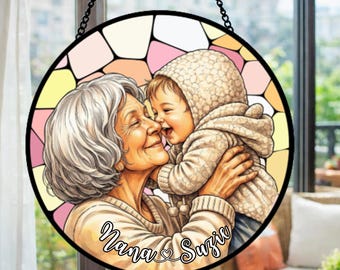 Personalized Nana Glass Suncatcher, Mother's Day Gift for Grandma, Custom Photo with Grandkids’ Names, Mom Gifts