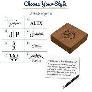 May include: A square wooden box with a laser-engraved name on the lid, alongside a chart labeled Choose Your Style with eight font and design options. A white card with black text and a black pen are included to explain custom engraving options.