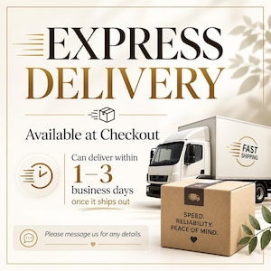 May include: A graphic advertisement featuring the text EXPRESS DELIVERY and Available at Checkout. A white delivery truck and a brown cardboard box are shown. The box displays the text SPEED. RELIABILITY. PEACE OF MIND. A clock icon is present.