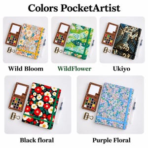 May include: Five sets of Colors PocketArtist watercolor journals, each featuring a wooden palette with paint pans, a water brush, and a binder clip. Designs include Wild Bloom, WildFlower, Ukiyo, Black floral, and Purple Floral patterns.