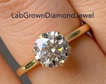 2.0 CT Round Cut Lab Grown Diamond Engagement Ring, Classic Six Prong Solitaire Proposal Ring, Unique Tulip Setting Wedding Anniversary Ring