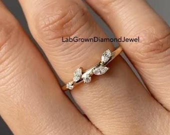 Marquise Cut Leaf Style Lab Grown Diamond Wedding Ring, Nature Inspired Stackable Propose Ring,Vintage Leaves Branch Dainty Anniversary Ring