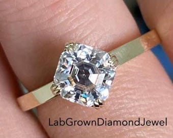 2 CT Asscher Cut Double Claw Prong Engagement Ring, Classic Solitaire Diamond Wedding Ring, 14K Gold Promise Ring,Unique Bridal Ring For Her