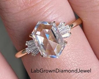 2.50 CT Hexagon Rose Cut Engagement Ring, Antique Side Tapered Baguette Wedding Ring, Unique Solitaire Bridal Ring, Vintage Anniversary Ring