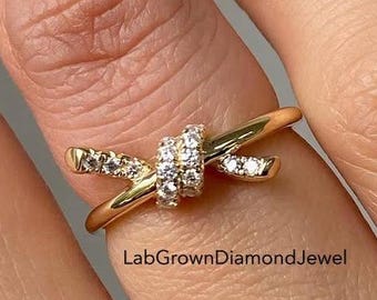 Love Knot Round Lab Grown Engagement Ring, Minimalist Micro Pave Wedding Ring,Unique Stacking Promise Ring,Delicate Anniversary Gift For Her