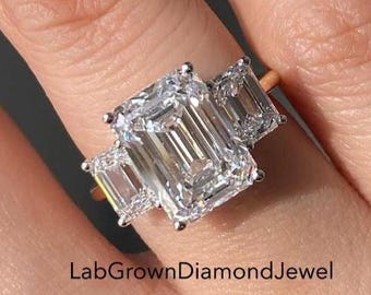 3.0 CT Three Stone Emerald Cut Lab Grown Engagement Ring With Side Emerald Diamond , Two Tone Wedding Ring, Trilogy Style Proposal Ring