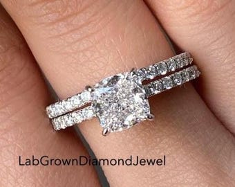 2 CT Princess Cut Lab Grown Diamond Bridal Ring Set, Pave Band Hidden Halo Engagement Ring Set, Full Eternity Matching Wedding Ring Set