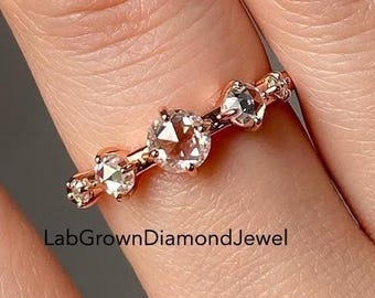 2.0 TCW Round Rose Cut Five Stone Lab Grown Diamond Engagement Ring, Elegant Compass Prong Setting Wedding Ring, Delicate Anniversary Gift