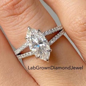 Anillo de compromiso con diamante cultivado en laboratorio de talla marquesa de 2,0 quilates, anillo de boda único con vástago dividido de 6 puntas, anillo de aniversario de plata de ley con pavé.