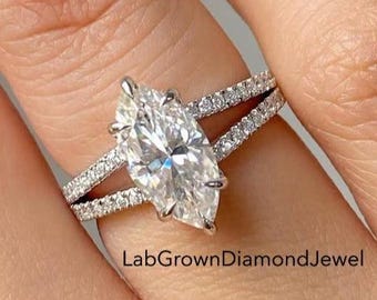 2.0CT Marquise Cut Lab Grown Diamond Engagement Ring, Unique 6 Prong Split Shank Wedding Ring, Silver Pave Set Sterling Anniversary Ring