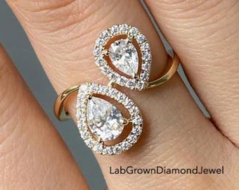 2.5 TCW Toi et Moi Pear Cut Lab Grown Halo Engagement Ring, Crossover Two Stone Statement Promise Ring, Unique Solitaire Bridal Wedding Ring