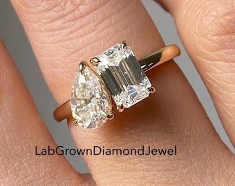3 TCW Toi et Moi Pear & Emerald Cut Engagement Ring, Unique Two Stone Wedding Ring, Elegant Solitaire Promise Ring, Classic Anniversary Ring