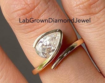 2.0 CT East West Pear Cut Lab Grown Diamond Bypass Engagement Ring, Half Bezel Solitaire Minimalist Promise Ring, Open Wrap Wedding Ring