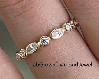 Marquise & Round Cut Bezel Set Diamond Wedding Band, Unique Full Eternity Matching Promise Band, 14k Gold East-West Anniversary Band For Her