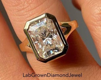 2.50CT Bezel Set Radiant Cut Lab Grown Diamond Solitaire Engagement Ring, Unique Split Shank Wedding Ring, 14K Gold Anniversary Ring For Her