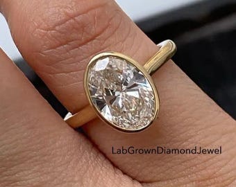 2.5CT Bezel Set Oval Cut Lab Grown Diamond Engagement Ring, Classic Solitaire Wedding Proposal Ring, Modern Promise Ring, Anniversary Ring