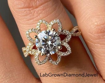 2.0CT Floral Round Cut Engagement Ring, Antique Flower Halo Wedding Ring, Pave Twisted Half Eternity Proposal Ring, Classic Anniversary Gift