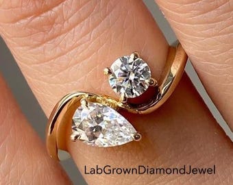 Toi et Moi East West Pear & Round Cut Engagement Ring, Two Stone Solitaire Curved Band Promise Ring, Classic Anniversary Gift For Her