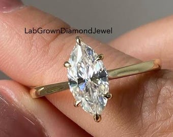 2.0 CT Marquise Cut Lab Grown Diamond Engagement Ring, 14k Yellow Gold Solitaire Wedding Promise Ring, Classic Six Prong Anniversary Gift