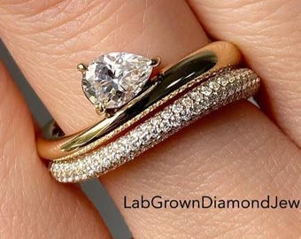 1CT East West Pear Diamond Wavy Engagement Ring Set, Solitaire With Triple Side Pave Wedding Ring Set, Elegant Contoured Engagement Ring Set