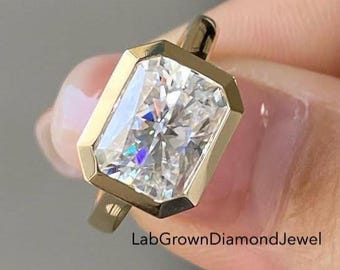 3.0 CT Radiant Cut East West Lab Grown Diamond Engagement ring, Bezel Set Solitaire Wedding Ring, Elegant 14k Gold Anniversary Ring For Her