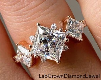 2.5 CT Princess Cut Lab Grown Diamond Engagement Ring, Three Stone Cluster Wedding Ring, Modern Bridal Ring, Unique Trilogy Anniversary Gift