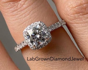 2 CT Cushion Cut Halo Lab Grown Diamond Engagement Ring, Elegant Pave Band Wedding Ring, Unique Bridal Promise Ring, Modern Anniversary Gift