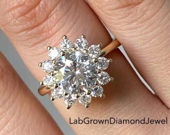 1.5CT Round Cut Lab Grown Diamond Engagement Ring, Floral Halo Wedding Ring, Art Deco Cluster Diamond Ring, Vintage Anniversary Gift For Her
