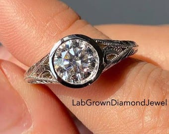 2.0CT Bezel Set Round Cut Engagement Ring, Filigree Design Wedding Ring, Art Deco Milgrain Bridal Ring, Unique Anniversary Gift For Her