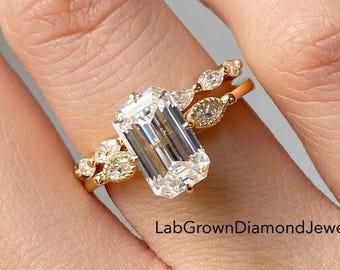 3CT Emerald Cut Bridal Ring Set, Classic Prong & Milgrain Set Wedding Set, Trilogy Style Marquise Side Diamond, Vintage Proposal Ring Set