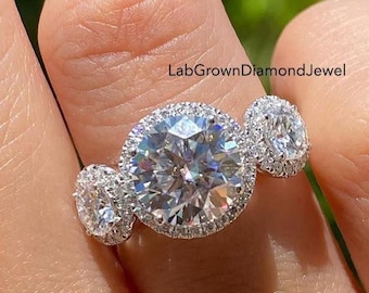 2.0 CT Round Cut Lab Grown Diamond Engagement Ring, Hidden Halo Bridal Ring, Side Stones, Luxury Sparkle Propose Ring, Halo Three Stone Ring