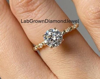 2.0 CT Round Cut Moissante Diamond Engagement Ring, Pave Band Ring, Minimalist Dainty Ring, Wedding Ring, Classic Promise Ring for Her