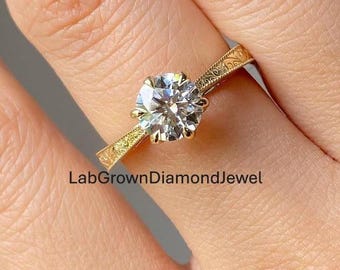 2.0 CT Round Cut Lab Grown Diamond Engagement Ring, Tulip Setting Milgrain Proposal Ring, Vintage Inspired Filigree Engraved Wedding Ring