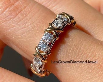 1.5 TCW Round Cut Schlumberger Style Diamond Wedding Band,  X Full Eternity Sixteen Stone Ring, Two Tone Stackable Band  Anniversary Ring
