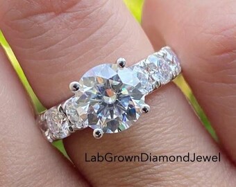 2.0 CT Round Cut Diamond Hidden Halo Engagement Ring, Side Round Diamond Band, Minimalist Bridal Ring, Classic Propose Ring, Wedding Ring